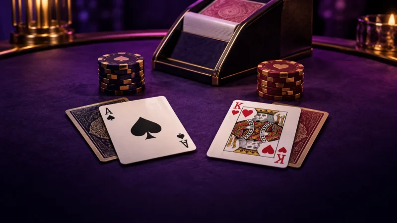 Illustration av spelkort och en blackjackyta utan text