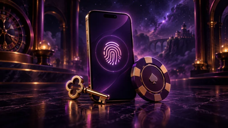 Mobiltelefon med fingeravtryckssymbol, nyckel och spelmarker.