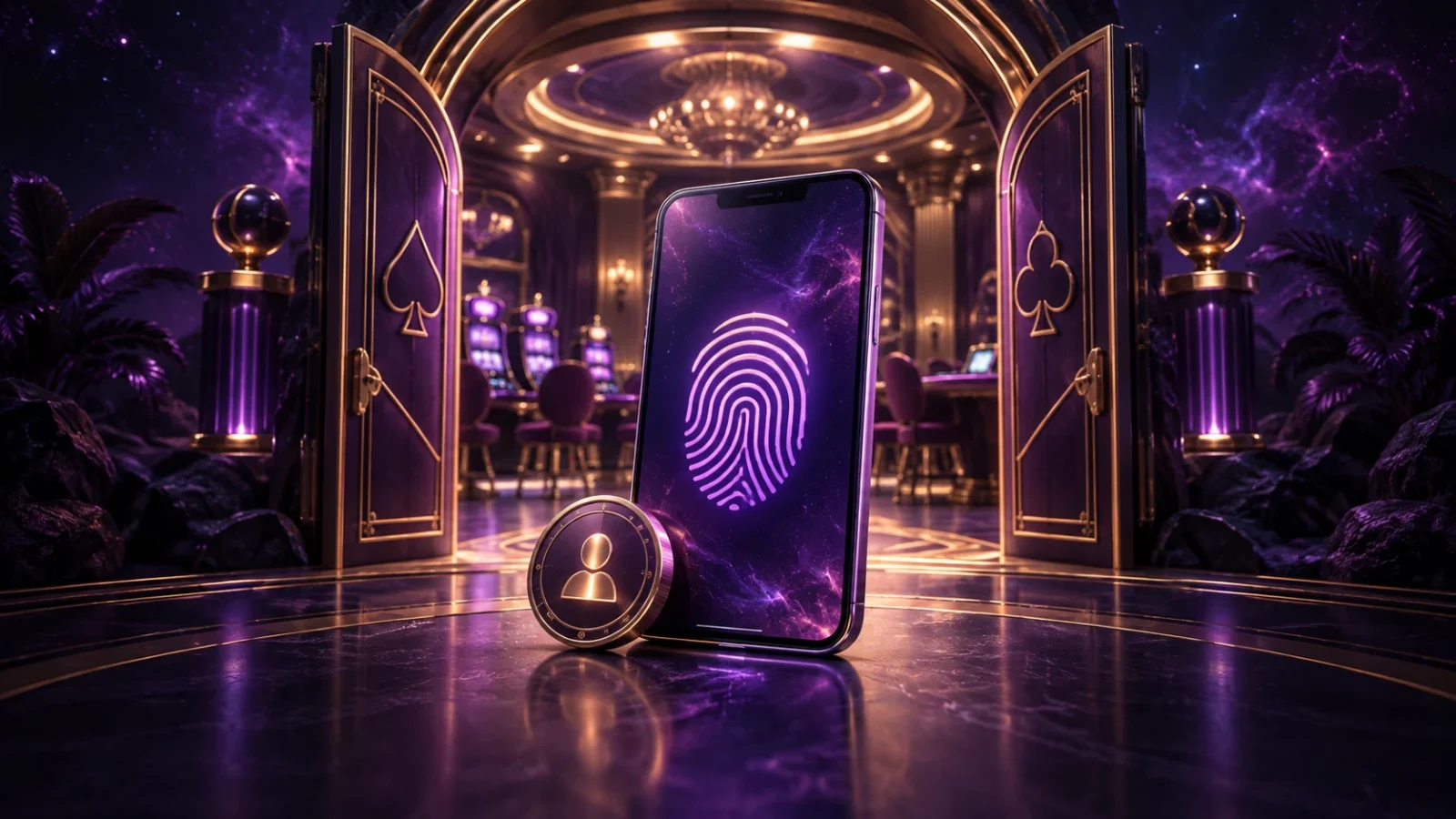 Öppen portal med mobiltelefon och en digital identitetssymbol framför ett casino.