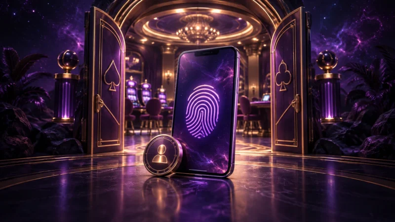 Öppen portal med mobiltelefon och en digital identitetssymbol framför ett casino.