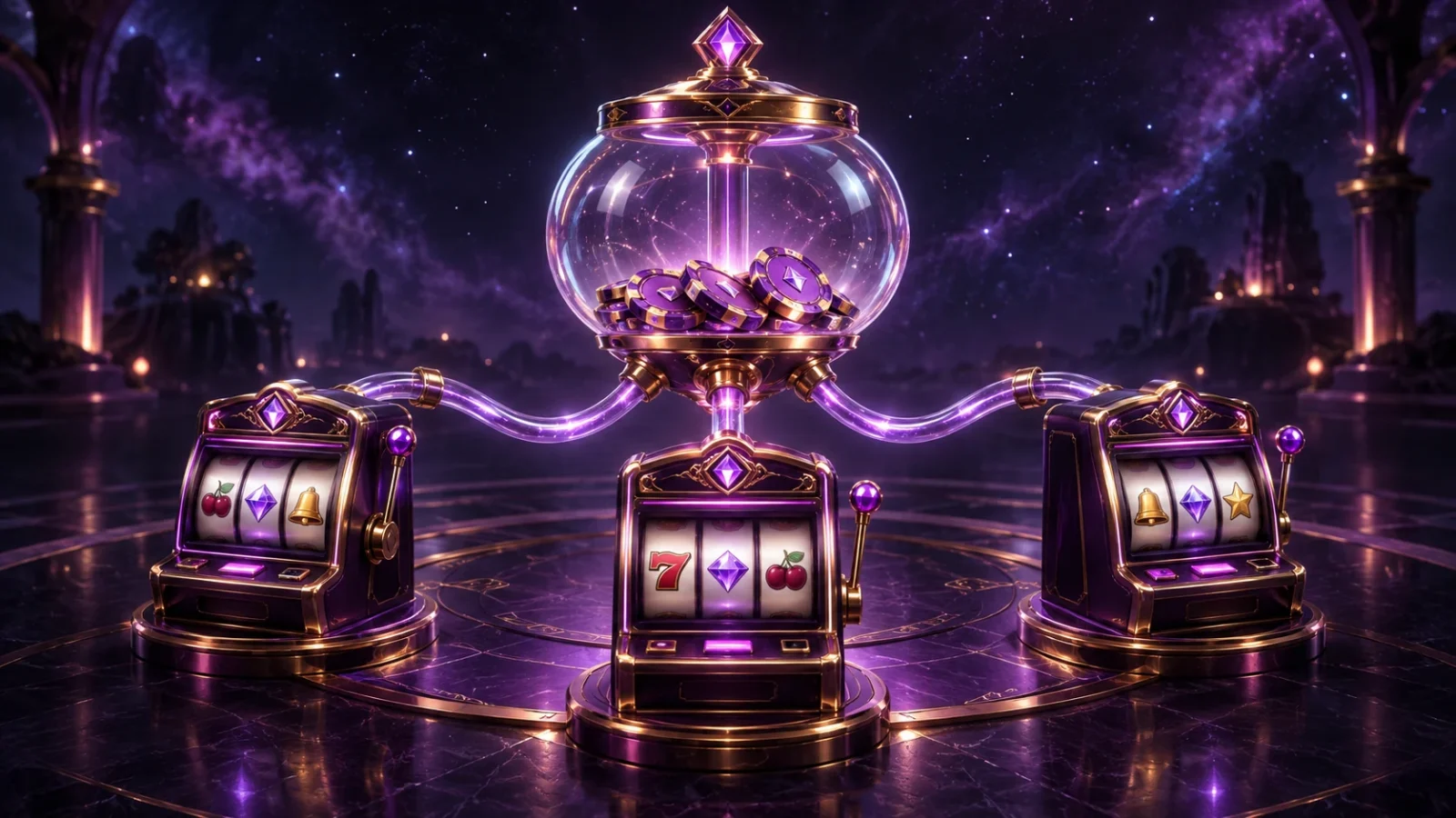 Tre spelautomater förbundna med en gemensam behållare med spelmarker.