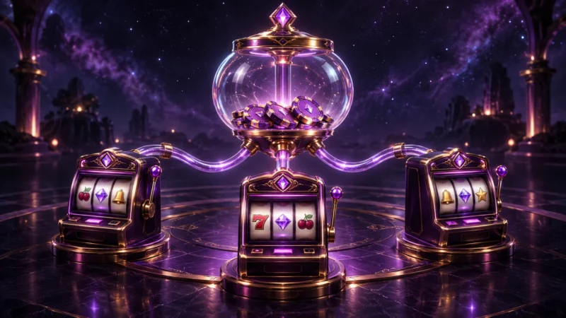 Tre spelautomater förbundna med en gemensam behållare med spelmarker.
