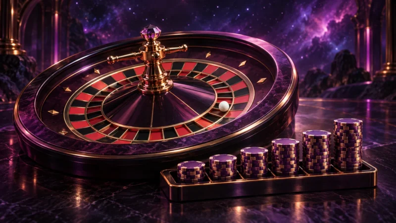 Roulettehjul med en vit kula och spelmarker i stigande högar.